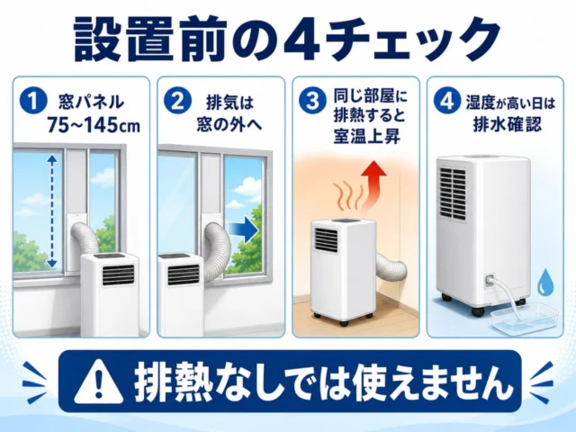 ポータブルクーラー設置前の4チェック。窓パネル、屋外排気、同室排熱、湿度が高い日の排水