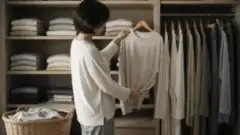 クローゼットで部屋着を選び、サイズと重ね着を考える衣類選びのイメージ