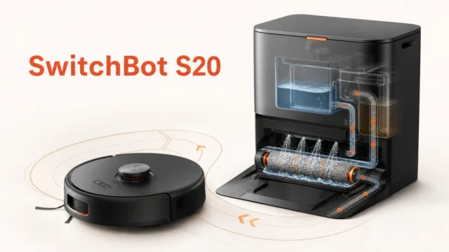 SwitchBot S20のローラーモップ連続洗浄を示す概念図