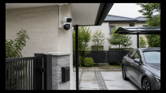 玄関と駐車場を見守る屋外カメラの設置イメージ