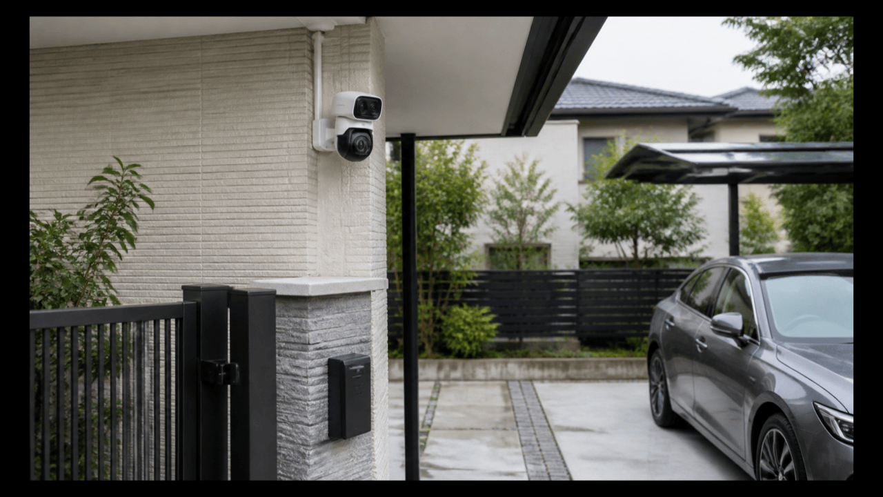 玄関と駐車場を見守る屋外カメラの設置イメージ