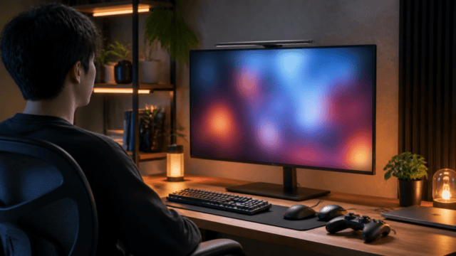 モニターを見てゲームや映像を楽しむデスク環境とキーボード、コントローラーのイメージ