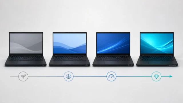 ThinkPad E14 Gen 8 IWLの4構成を比べる架空ノートPCの概念図