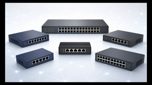 PoE・2.5Gbps・24ポート用途の違いを示す6台のネットワークスイッチ比較イメージ