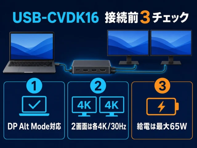 USB-CVDK16の接続前3チェック。DP Alt Mode対応、2画面は各4K 30Hz、給電は最大65W