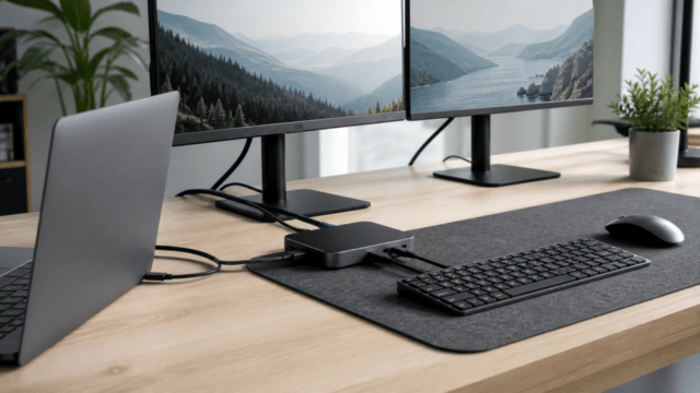 ノートPCとモニター、周辺機器をUSB-Cドックでまとめたデスク環境
