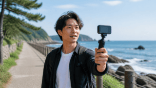 旅行先で小型カメラを使って自分を撮影するVlog利用イメージ