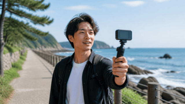 旅行先で小型カメラを使って自分を撮影するVlog利用イメージ