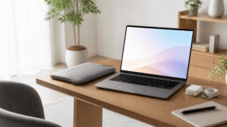 スリーブと充電器をそばに置いた軽量ノートPCの持ち運び・作業環境
