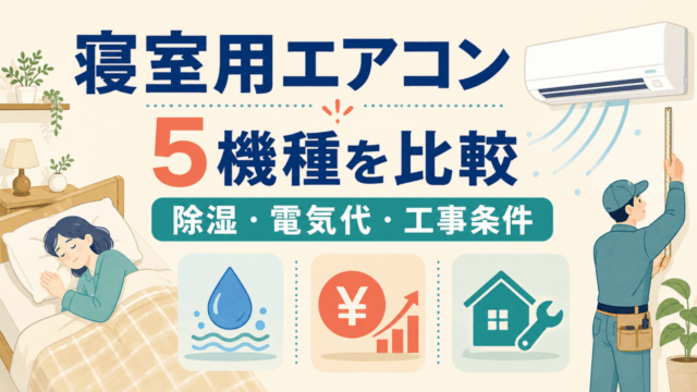 寝室用エアコン5機種比較の説明イラスト（除湿・電気代・工事条件）