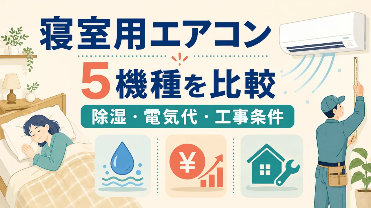 寝室用エアコン5機種比較の説明イラスト（除湿・電気代・工事条件）