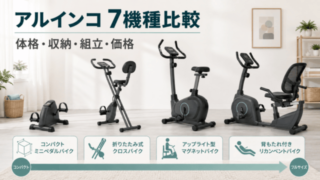 アルインコ運動用バイク7機種を体格・収納・組立・価格の軸で比較する独自イラスト