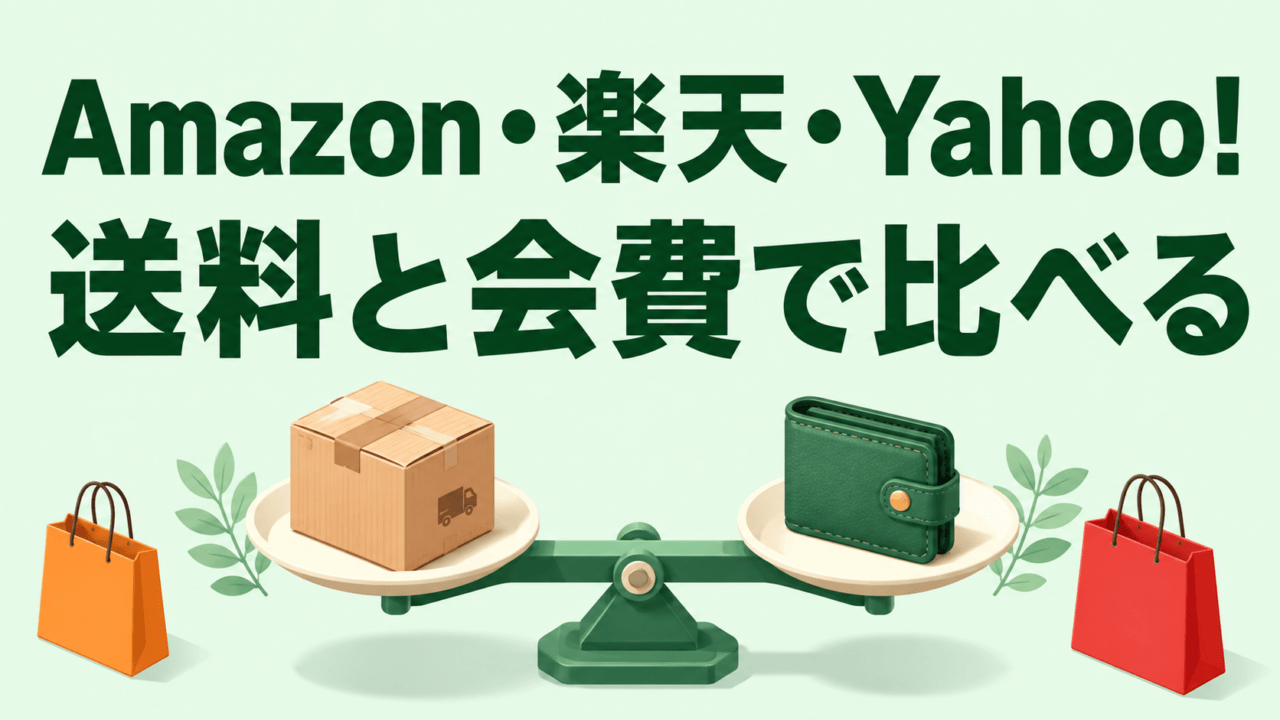 Amazon・楽天・Yahoo!を送料と会費で比べる。配送箱と財布を並べた比較イメージ。