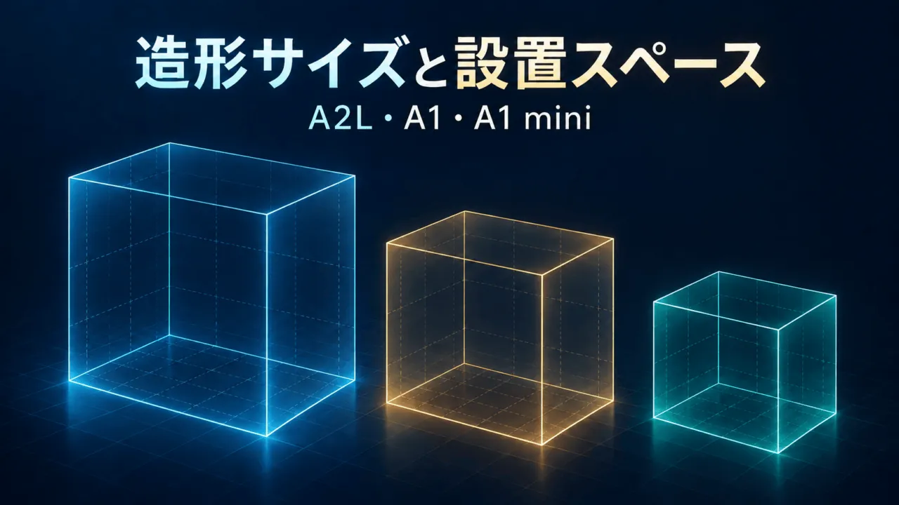 A2L・A1・A1 miniの造形範囲を大きさの違う三つの模式的な直方体で示した図。実機の外観図ではありません。