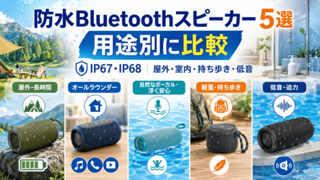 防水Bluetoothスピーカー5機種を用途別に比較するオリジナルイラスト。実在製品の写真ではありません。