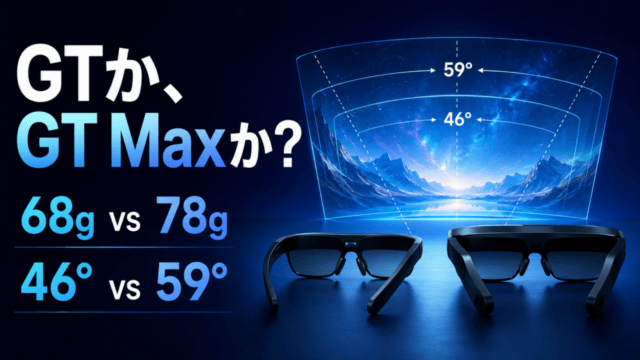 RayNeo GTとGT Maxの重量68g・78g、視野角46度・59度を比較するアイキャッチ