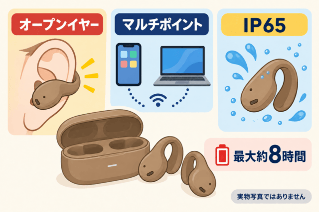 CHE-647 DANBOARD ver.のオープンイヤー、マルチポイント、IP65、最大約8時間を整理したオリジナル説明図。実物写真ではありません。