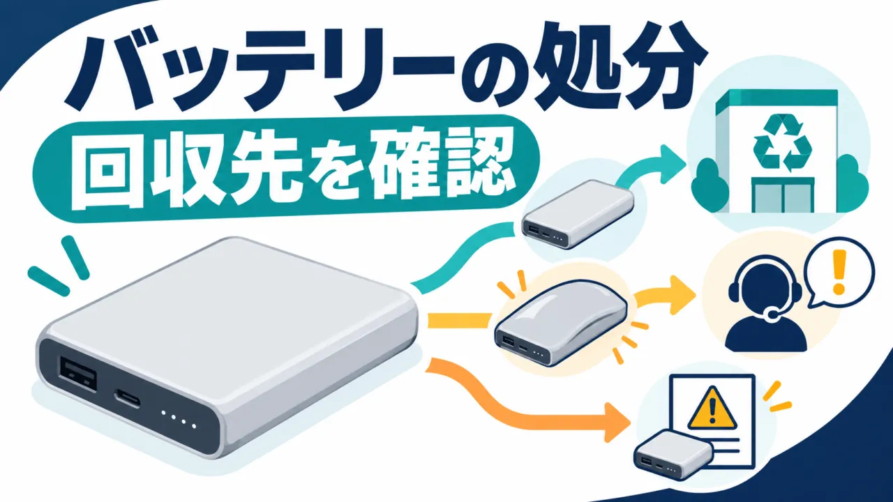 使用済みモバイルバッテリーの通常回収、異常時の相談、回収対象の確認へ分岐する図解