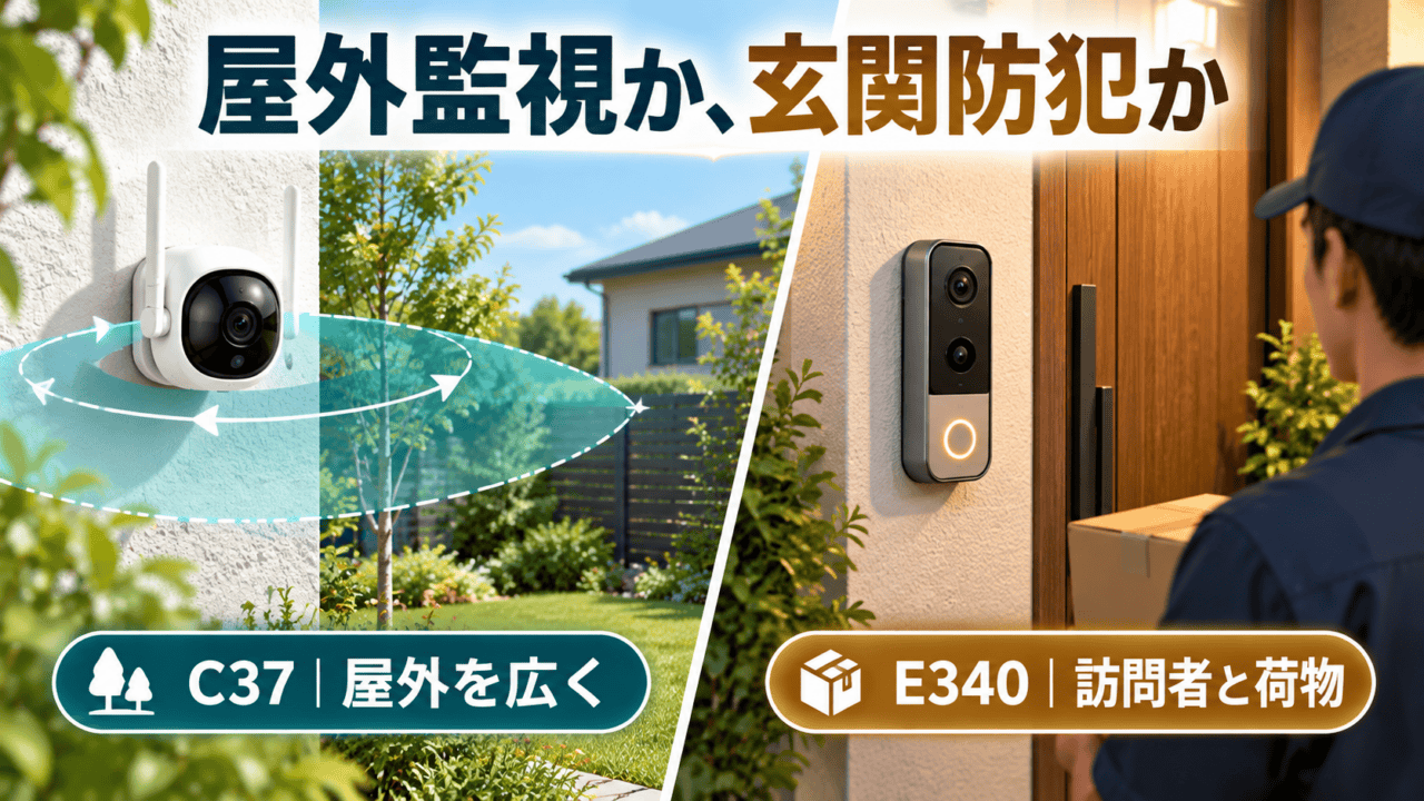 屋外を広く見るC37と、玄関の訪問者・荷物を確認するE340の用途比較