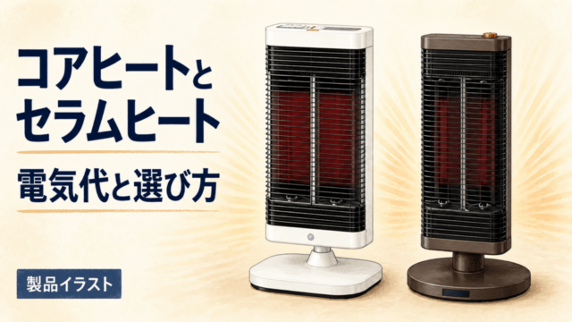 コアヒートとセラムヒート。電気代と選び方を比較する製品イラスト。実機写真や縮尺図ではありません。
