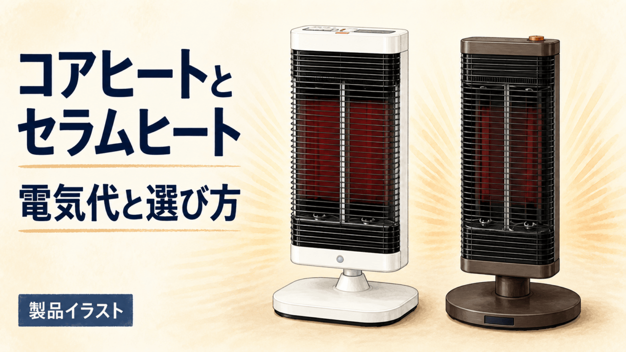 コアヒートとセラムヒート。電気代と選び方を比較する製品イラスト。実機写真や縮尺図ではありません。