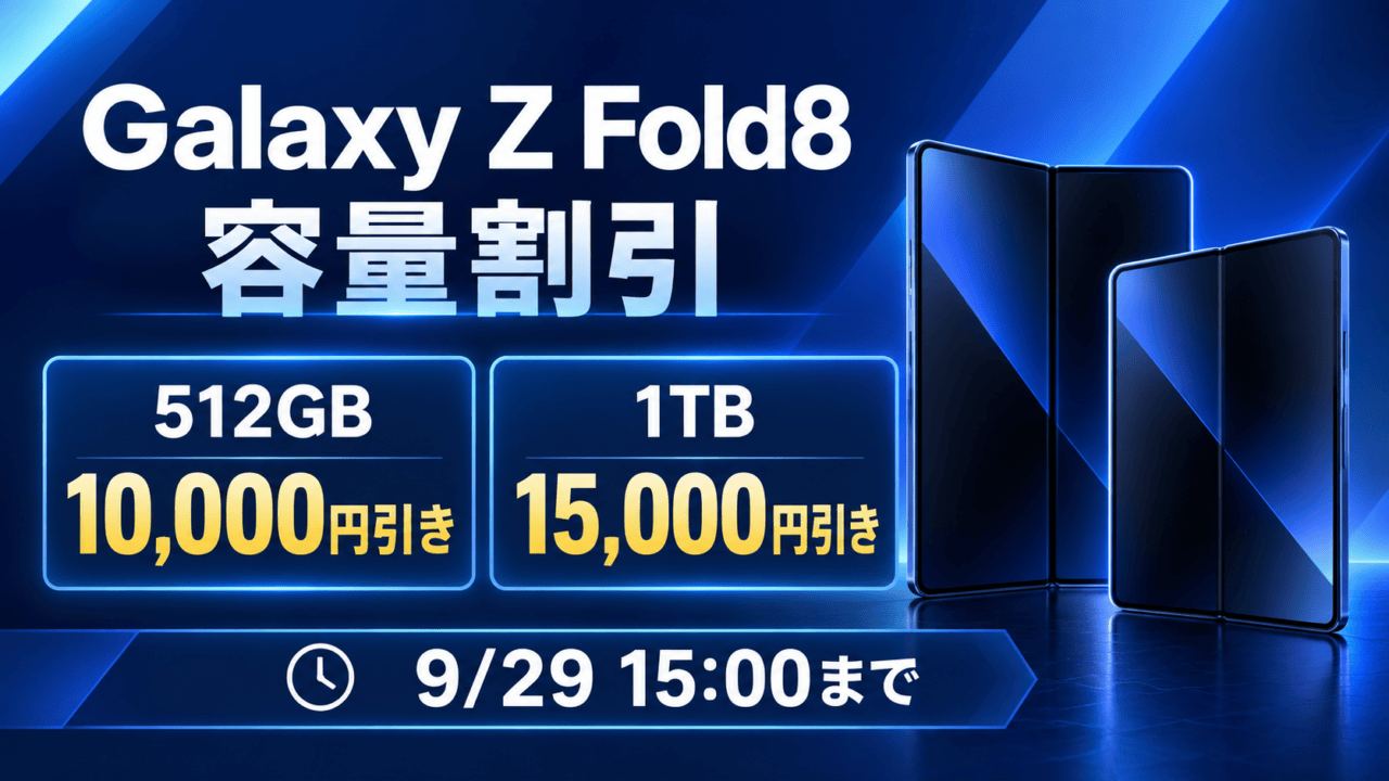 Galaxy Z Fold8の512GB・1TB容量割引と9月29日15時までの期限を示す比較イメージ