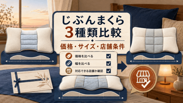 じぶんまくら3種類を価格・サイズ・店舗条件で比較する独自イラスト。実機写真や縮尺図ではありません。