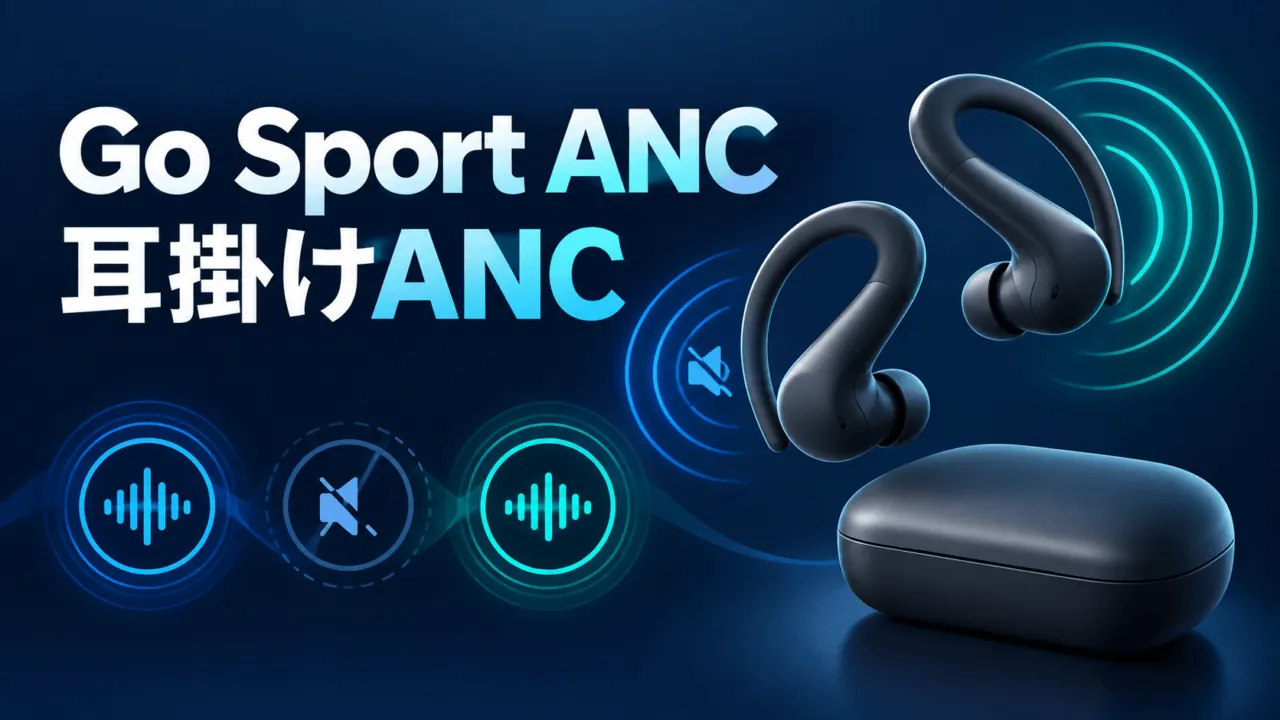 Go Sport ANCの耳掛け形状とANC・外部音取り込みの切替を示すイラスト