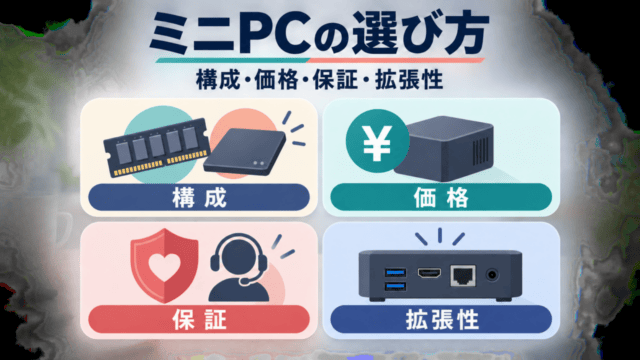 ミニPCの構成・価格・保証・拡張性を比較するオリジナル図解。実物写真ではありません。