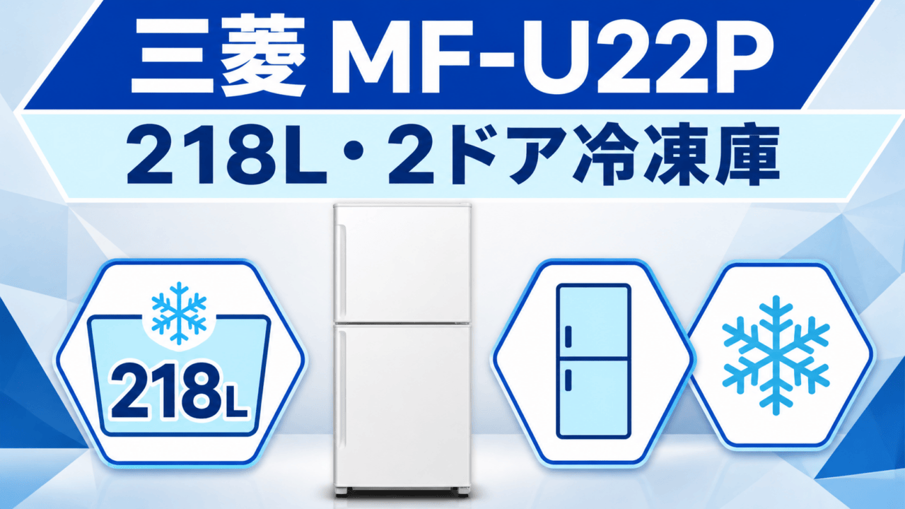 三菱MF-U22Pの218L・2ドア冷凍庫を示す編集イラスト