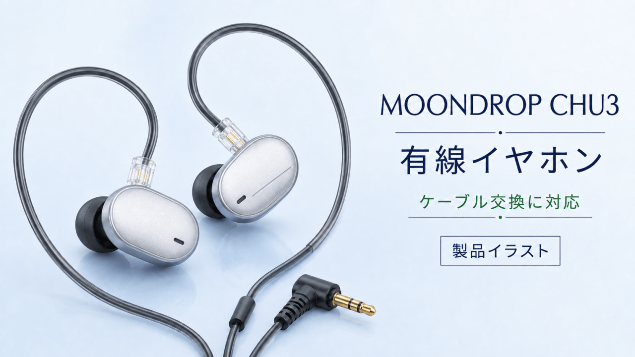 MOONDROP CHU3のシルバーの本体と有線接続を示す製品イラスト。ケーブル交換に対応。