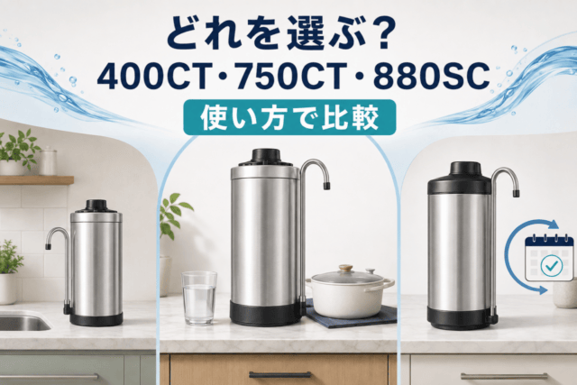 マルチピュア浄水器の選び方。400CT・750CT・880SCを使い方で比較するオリジナル製品イラスト。