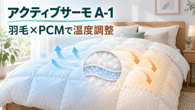 ニトリのアクティブサーモ A-1 K2624を羽毛とPCMの温度調整軸で示すオリジナル比較イラスト（実物写真ではありません）