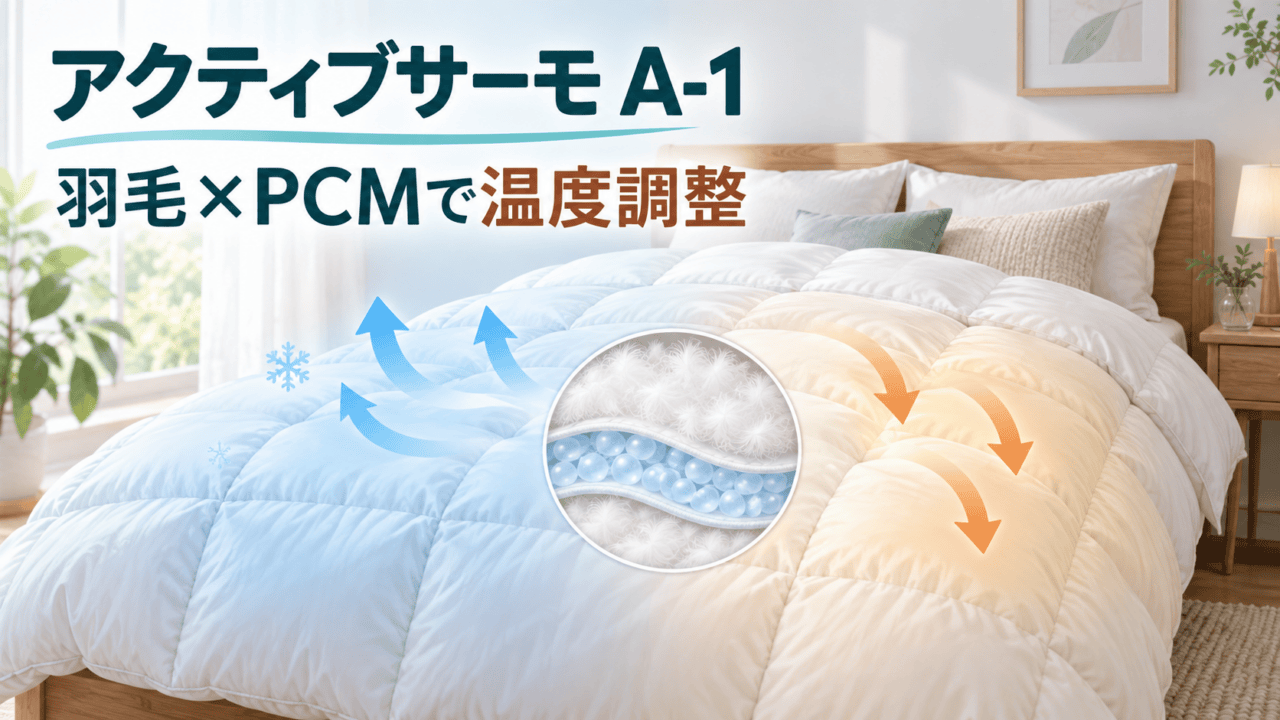 ニトリのアクティブサーモ A-1 K2624を羽毛とPCMの温度調整軸で示すオリジナル比較イラスト（実物写真ではありません）
