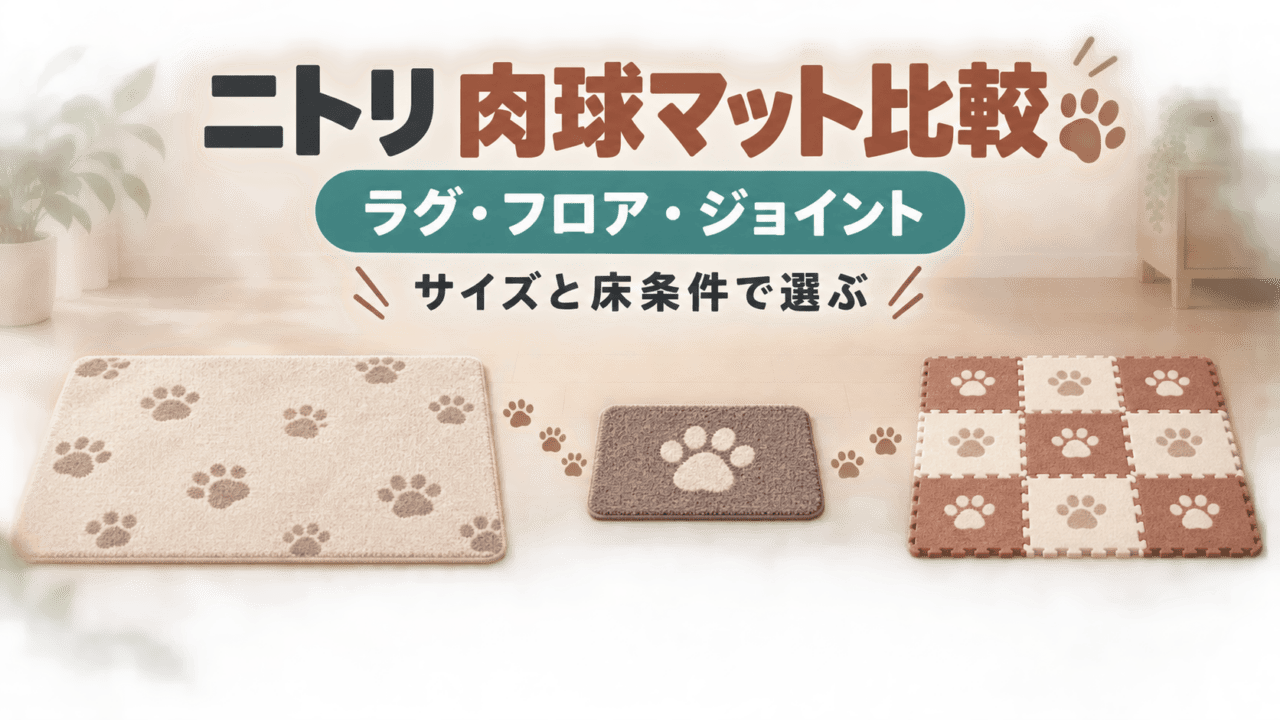 ニトリの肉球ラグ・フロアマット・ジョイントマットをサイズと床条件で比較するイメージ