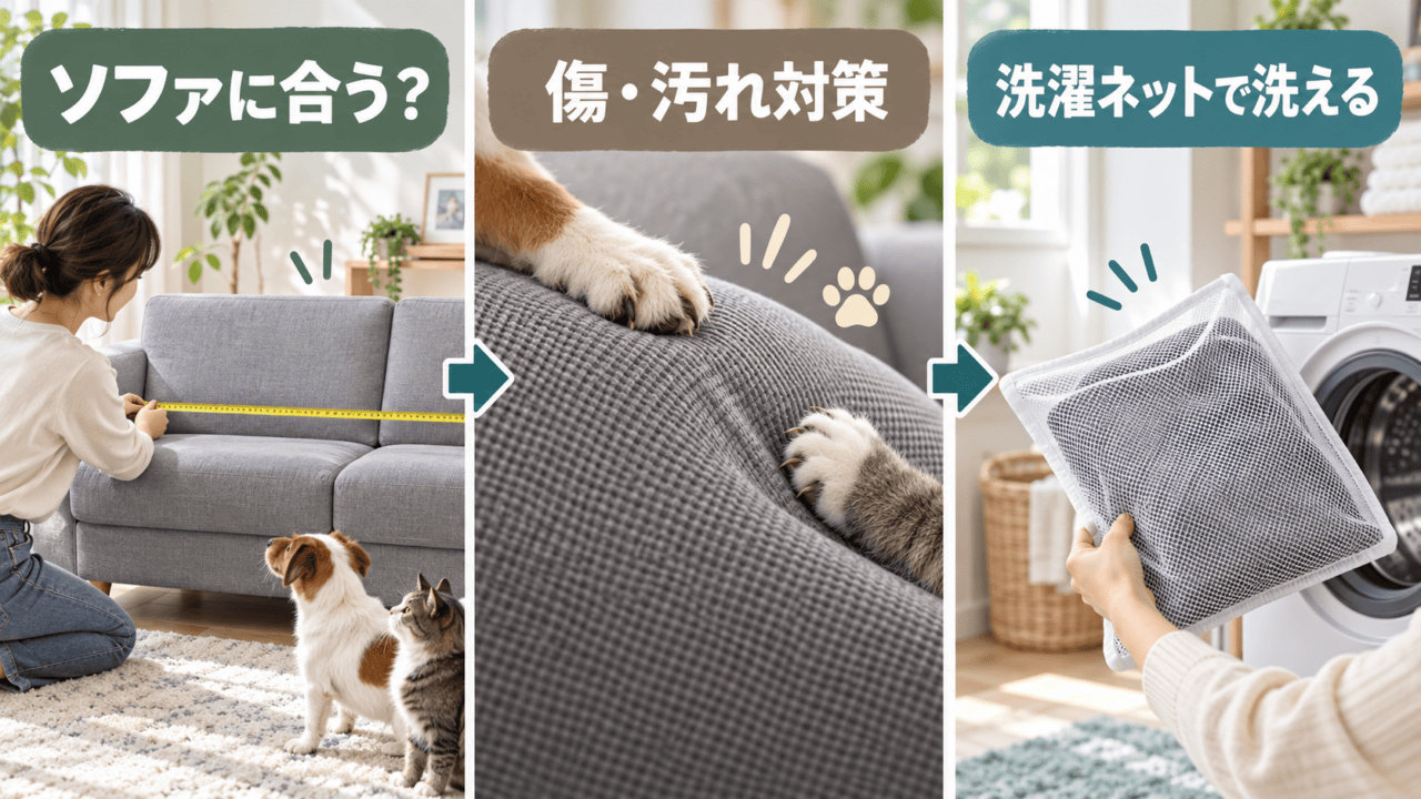 SC-A12 Nシールドソファカバーのソファ適合、ペットの傷・汚れ対策、洗濯を示すオリジナル図解（実物写真ではありません）