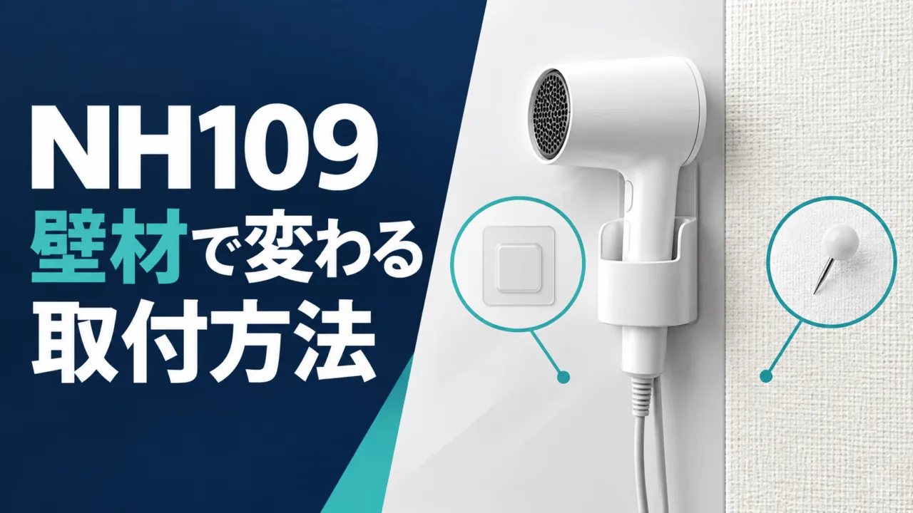 壁掛けドライヤーの概念イラストと、硬い壁のテープ・壁紙のピンを表すアイコン