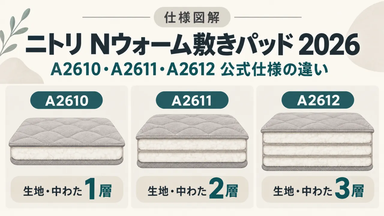 2026年ニトリNウォーム敷きパッドのA2610、A2611、A2612を1層、2層、3層の断面図で示した仕様図解