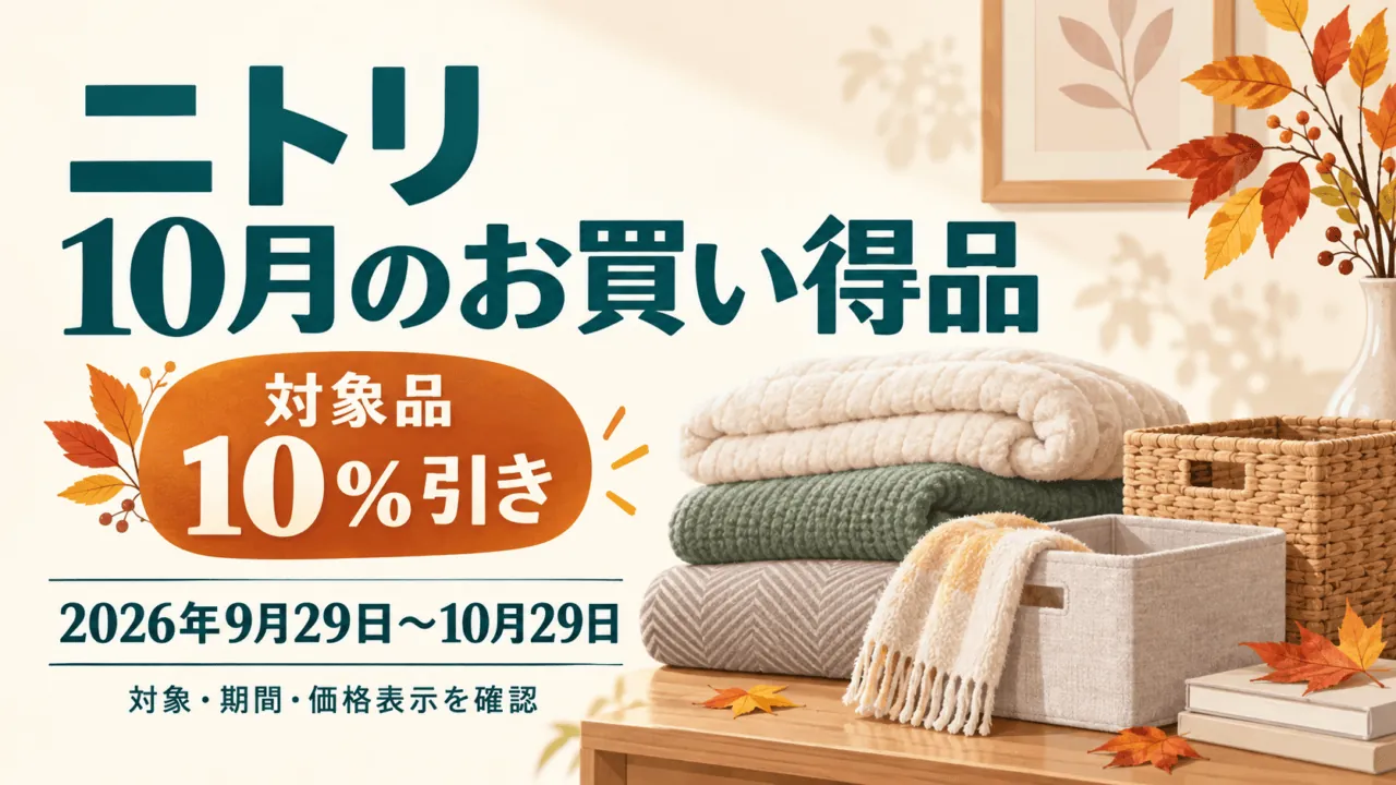 ニトリ10月のお買い得品の対象品10％引きと、2026年9月29日から10月29日までの期間を示す独自イラスト。
