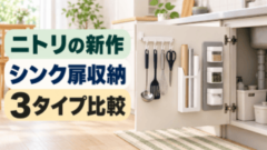 ニトリのシンク下扉収納3タイプを比較するイメージ。フック、ラップホルダー、マグネットパネルを配置。