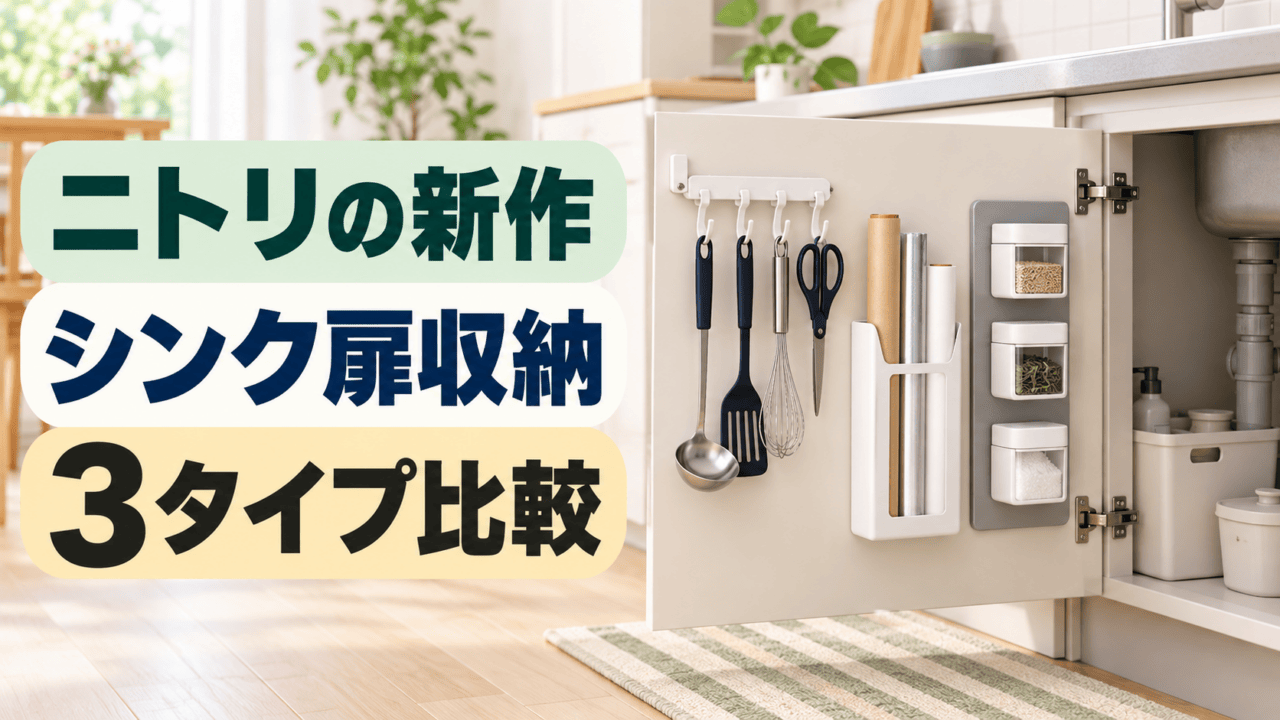 ニトリのシンク下扉収納3タイプを比較するイメージ。フック、ラップホルダー、マグネットパネルを配置。