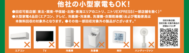 ニトリ公式一覧PDFの対象外例。エアコン、テレビ、冷蔵庫、洗濯機、時計、ハンディファンなどにバツ印が付いている