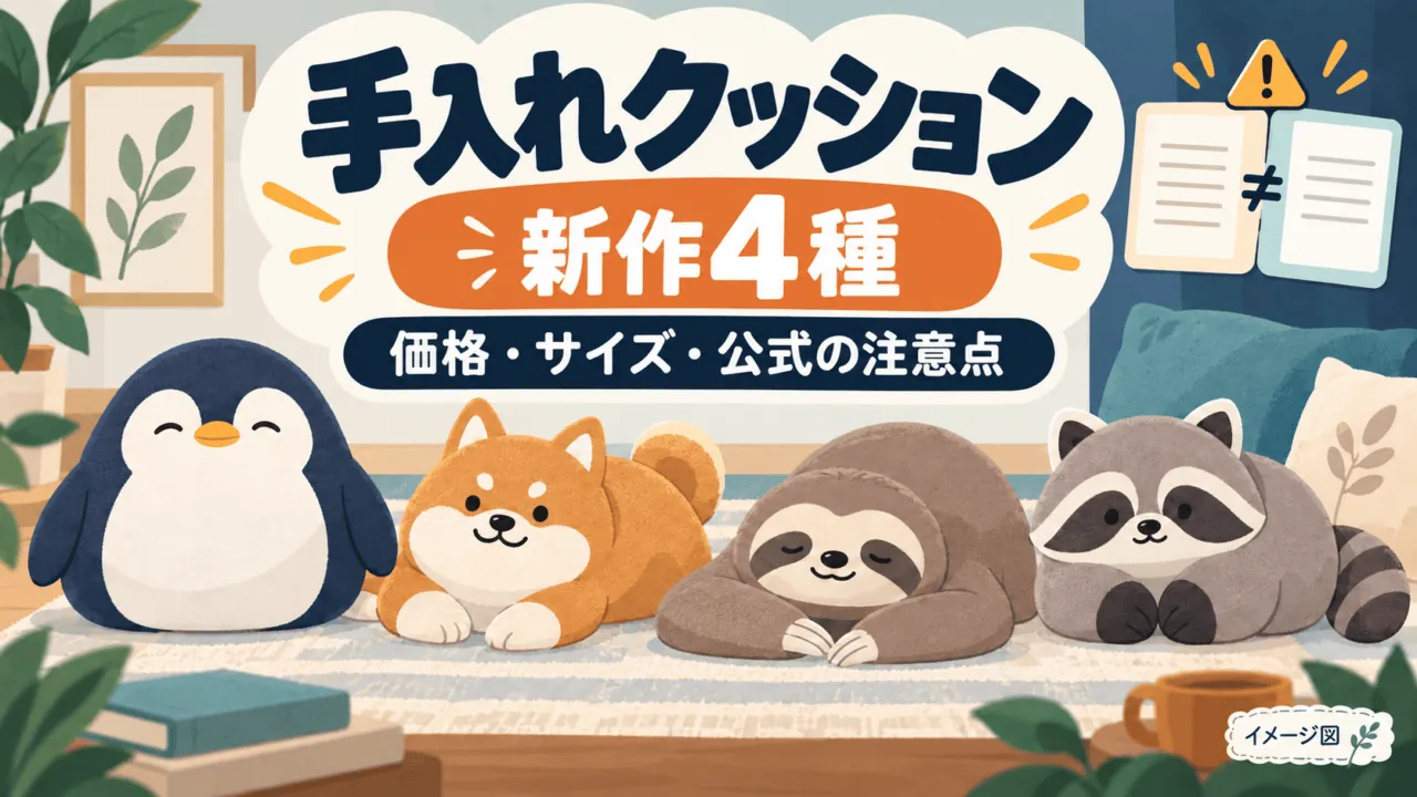 ペンギン、柴犬、ナマケモノ、アライグマをモチーフにした手入れクッション新作4種の模式イラスト。実物写真ではなくイメージ図。