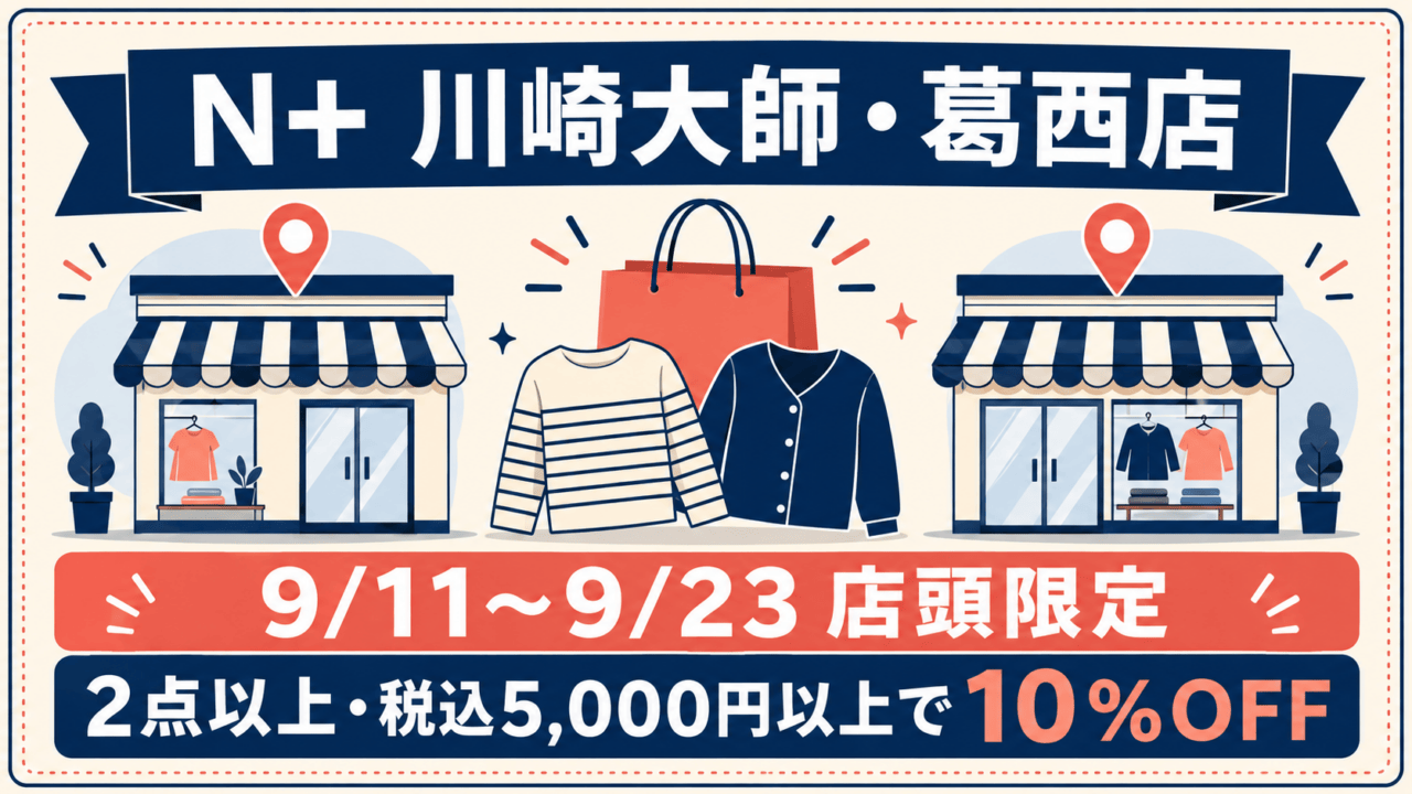 N+島忠ホームズ川崎大師店・葛西店の9月11日〜9月23日店頭2BUY10%OFF条件を示すオリジナル案内図。実物写真ではありません。