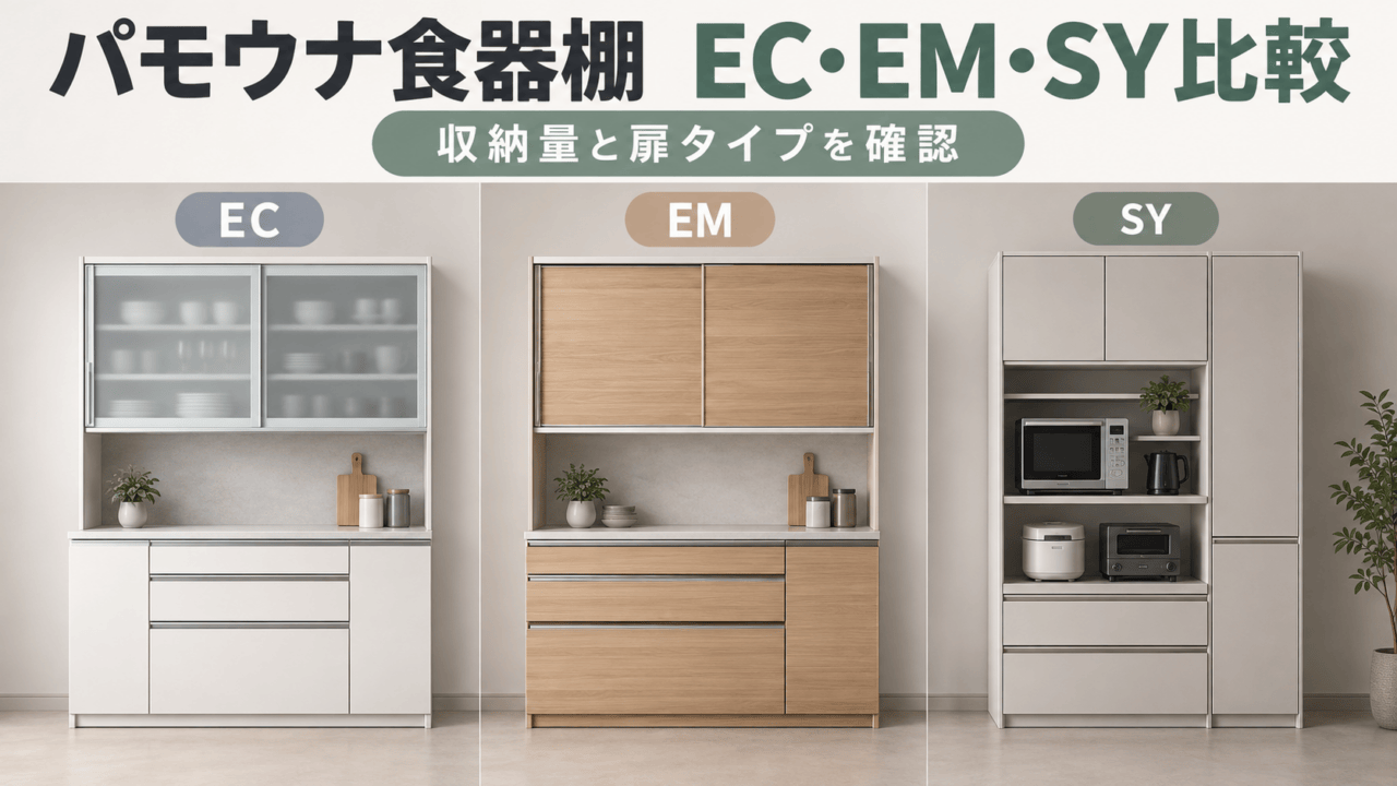 パモウナ食器棚 EC・EM・SY比較。収納量と扉タイプを確認