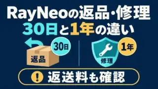 RayNeo製品の返品30日と修理保証1年の違い、返送料確認を示す図解