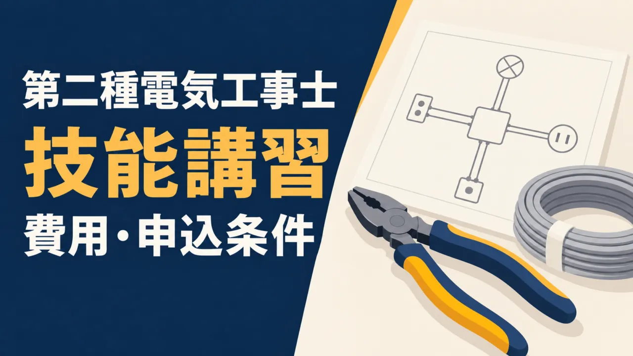 第二種電気工事士の技能講習。費用と申込条件を示す、教材と工具の抽象イラスト。