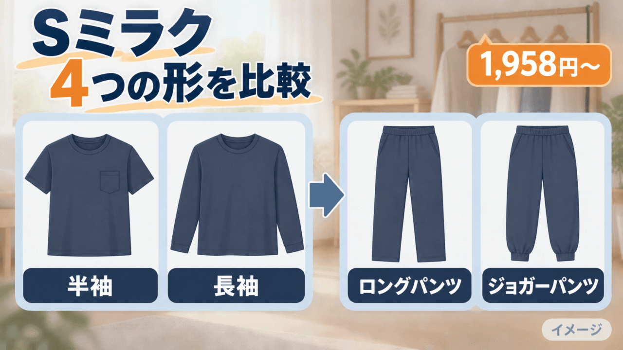 Sミラクの半袖・長袖・ロングパンツ・ジョガーパンツを4つの形で比較するオリジナルイメージ図。実物写真ではありません。