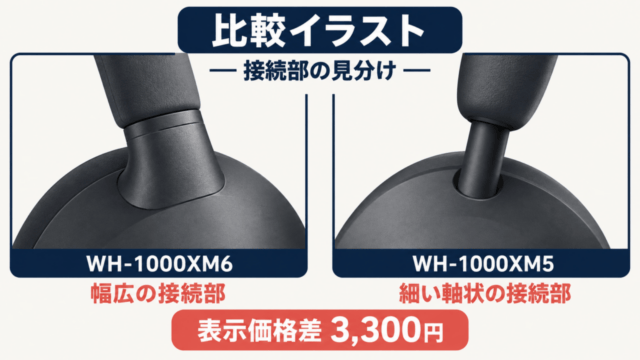 WH-1000XM6とWH-1000XM5の接続部比較イラスト（幅広と細い軸状、表示価格差3,300円）