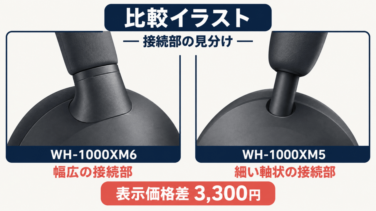 WH-1000XM6とWH-1000XM5の接続部比較イラスト（幅広と細い軸状、表示価格差3,300円）